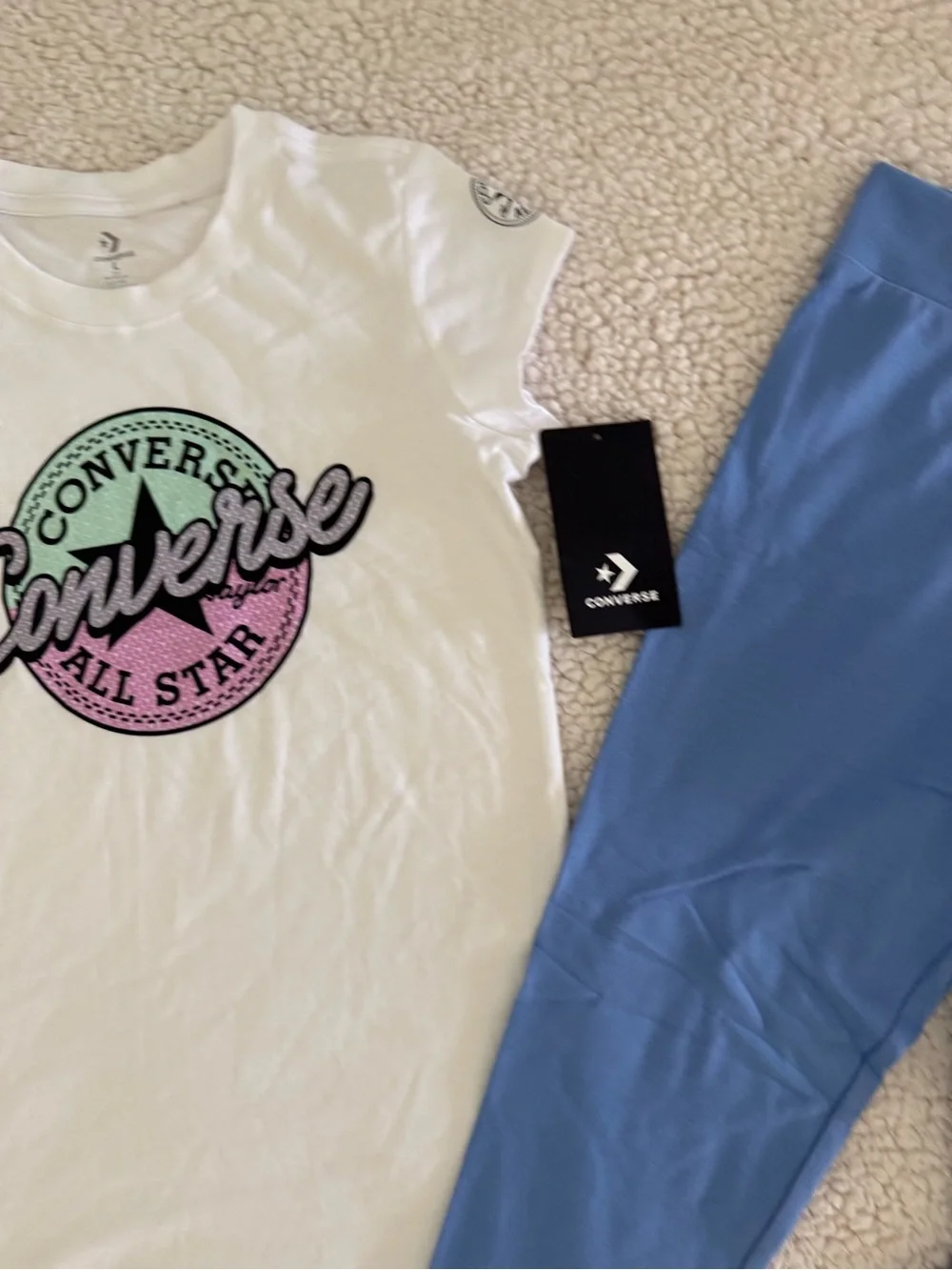 New girls Sz L 12–14 Converse White Tee with Blue Logo & Blue Leggings